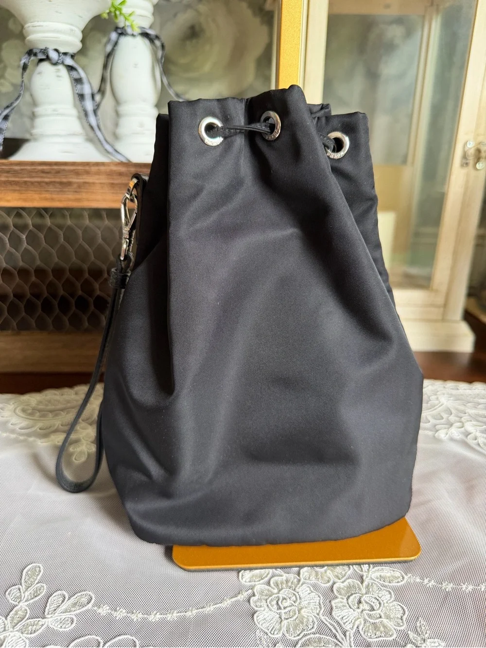 Prada Black Nylon Drawstring Bucket Bag Satchel
